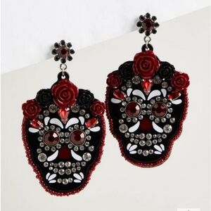 🆕️☠️RED & BLACK DAY OF THE DEAD SUGAR SKULL STATEMENT EARRINGS☠️